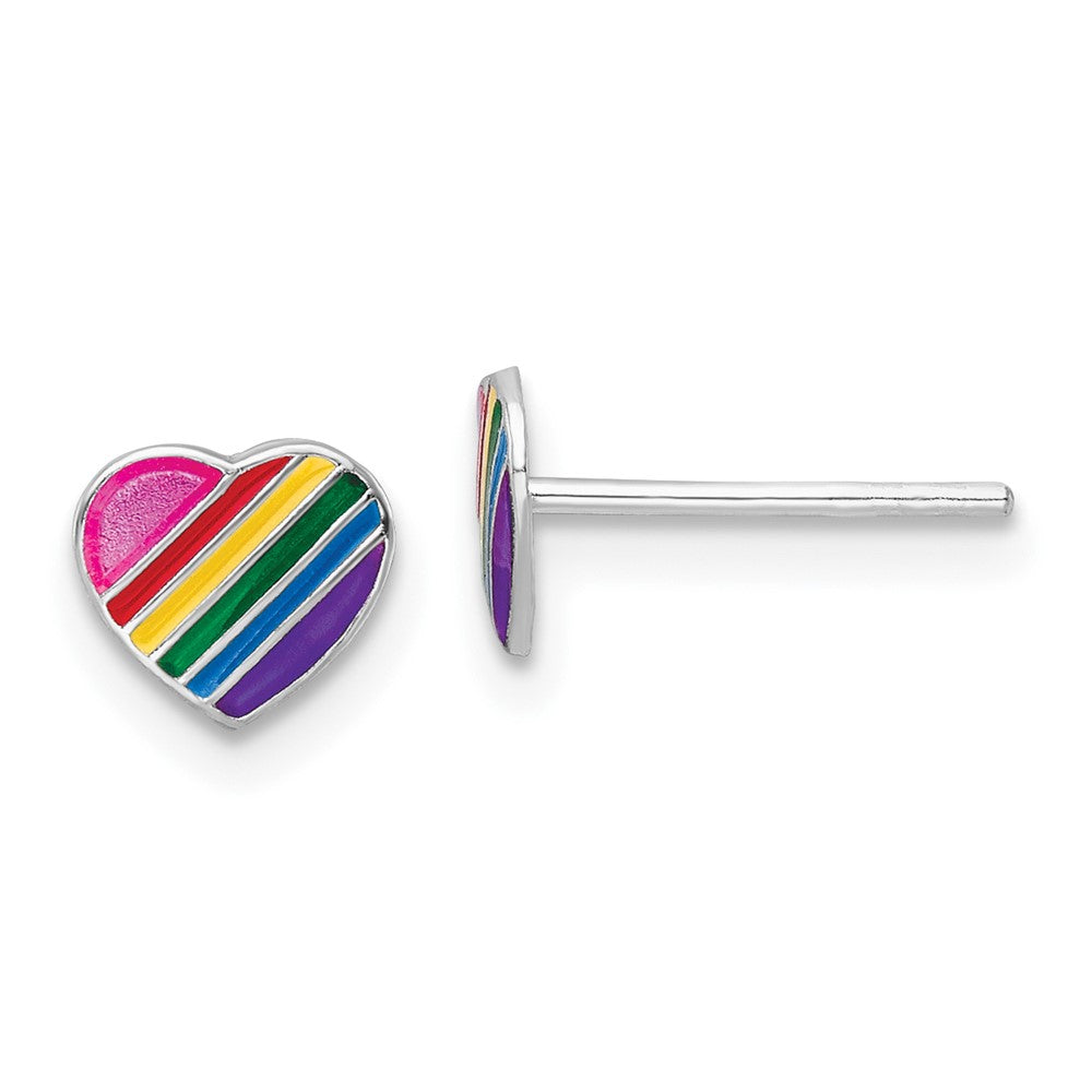 QE16603 Sterling Silver Rhodium-plated Polished Rainbow Enameled Heart Children's Post Earrings