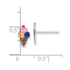 QE16610 Sterling Silver Rhodium-plated Polished & Multi-color Enameled Ice Cream Cone Children's Post Earrings