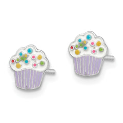 QE16611 Sterling Silver Rhodium-plated Polished Multi-color Enameled Cupcake Children's Post Earrings