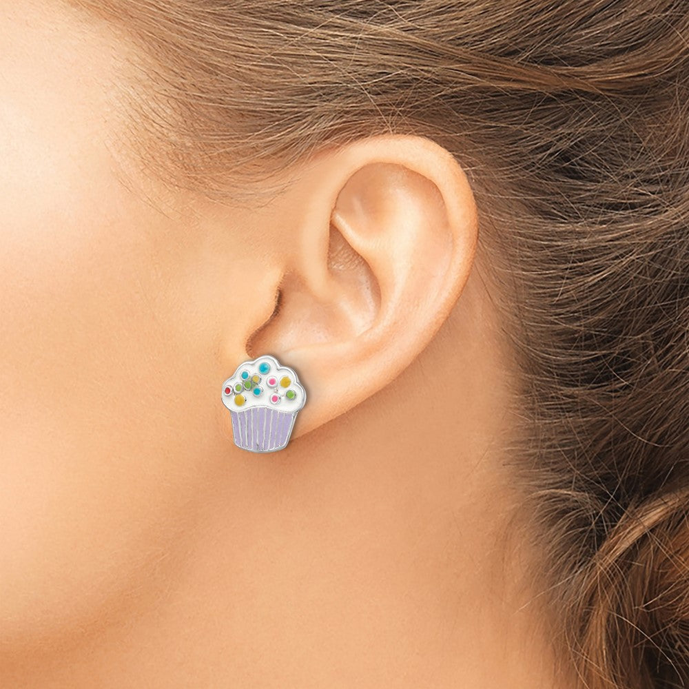QE16611 Sterling Silver Rhodium-plated Polished Multi-color Enameled Cupcake Children's Post Earrings