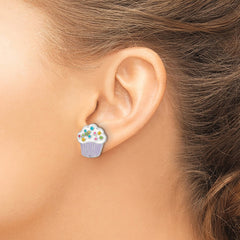 QE16611 Sterling Silver Rhodium-plated Polished Multi-color Enameled Cupcake Children's Post Earrings