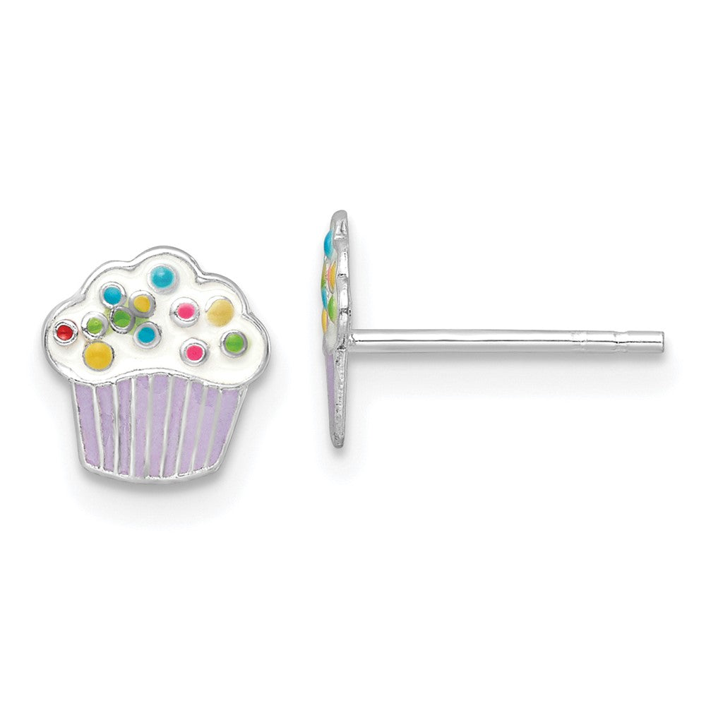 QE16611 Sterling Silver Rhodium-plated Polished Multi-color Enameled Cupcake Children's Post Earrings
