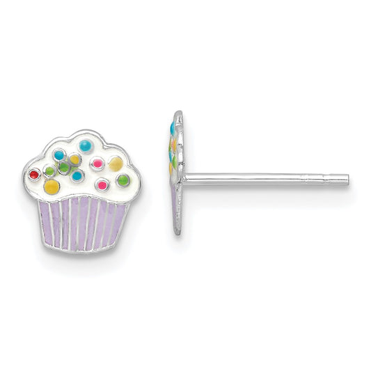 QE16611 Sterling Silver Rhodium-plated Polished Multi-color Enameled Cupcake Children's Post Earrings