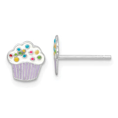 QE16611 Sterling Silver Rhodium-plated Polished Multi-color Enameled Cupcake Children's Post Earrings