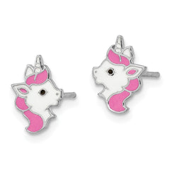 QE16612 Sterling Silver Rhodium-plated Polished Multi-color Enamel Unicorn Head Children's Post Earrings