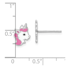 QE16612 Sterling Silver Rhodium-plated Polished Multi-color Enamel Unicorn Head Children's Post Earrings