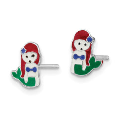 QE16613 Sterling Silver Rhodium-plated Polished and Multi-color Enameled Mermaid Children's Post Earrings