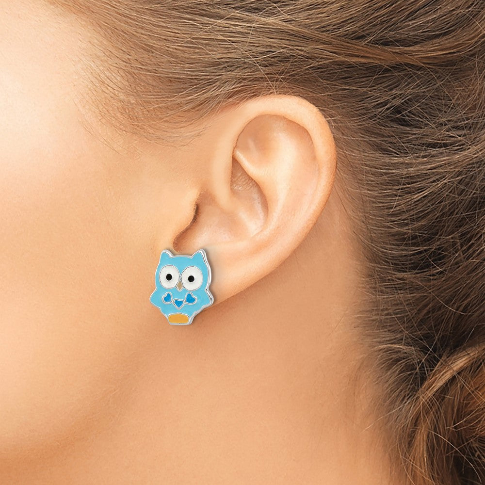 QE16616 Sterling Silver Rhodium-plated Polished Multi-color Enameled Blue Owl Children's Post Earrings