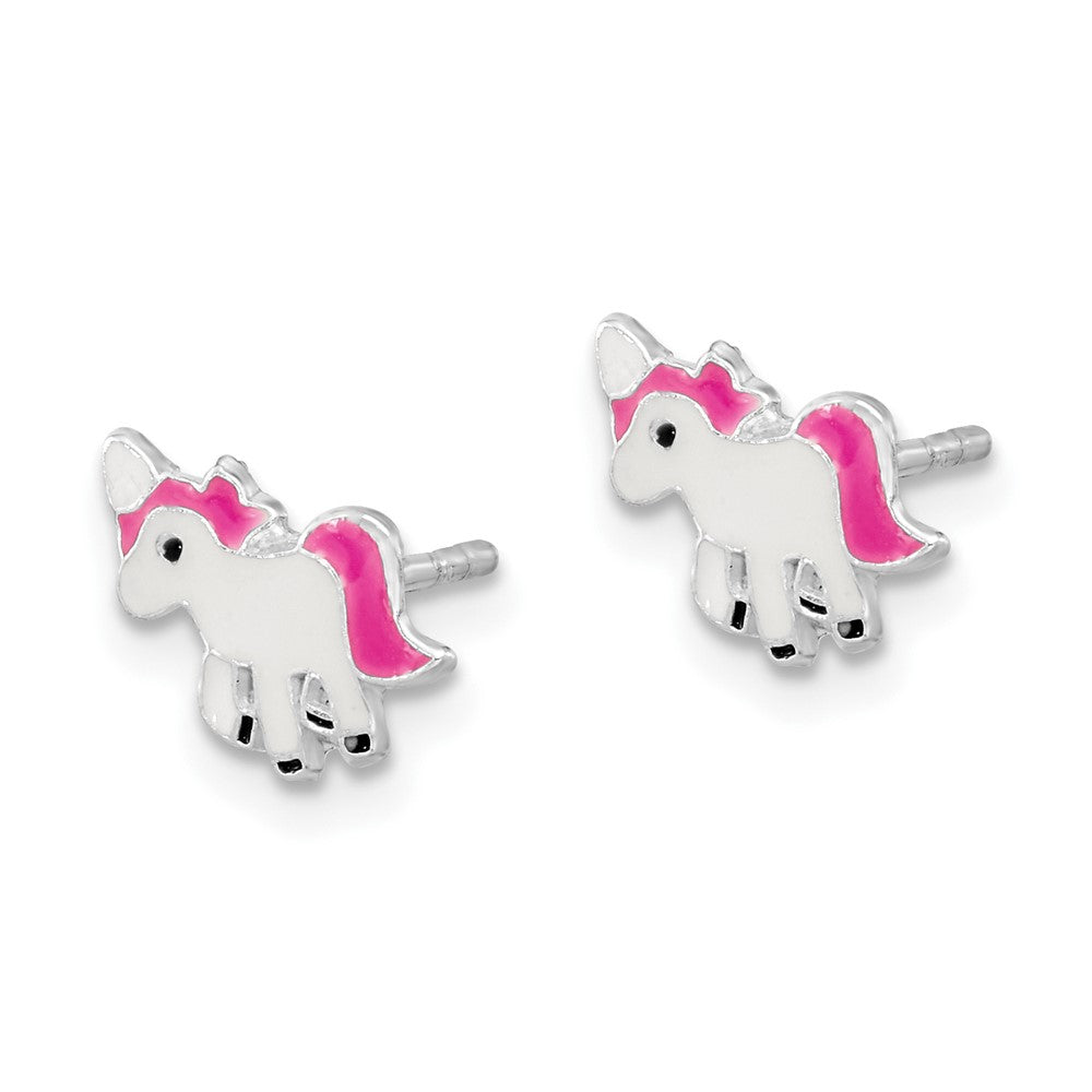 QE16617 Sterling Silver Rhodium-plated Polished Multi-color Enameled Pink Unicorn Children's Post Earrings