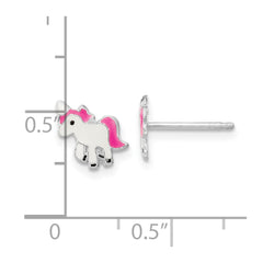 QE16617 Sterling Silver Rhodium-plated Polished Multi-color Enameled Pink Unicorn Children's Post Earrings