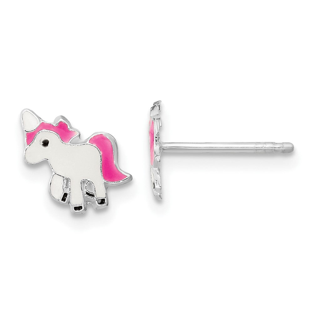QE16617 Sterling Silver Rhodium-plated Polished Multi-color Enameled Pink Unicorn Children's Post Earrings