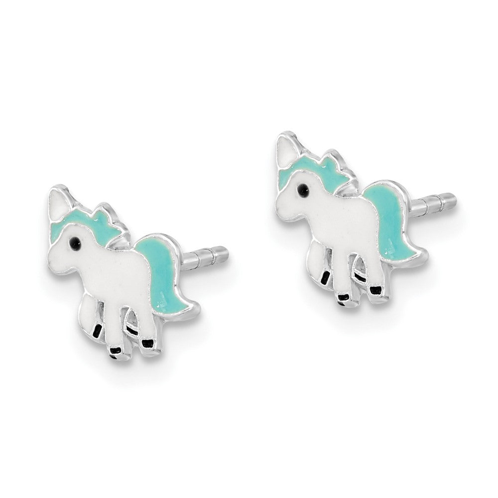 QE16618 Sterling Silver Rhodium-plated Polished Multi-color Enameled Blue Unicorn Children's Post Earrings