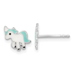 QE16618 Sterling Silver Rhodium-plated Polished Multi-color Enameled Blue Unicorn Children's Post Earrings