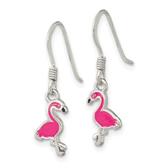 QE16622 Sterling Silver Rhod-pltd Pink Enamel Flamingo Children's Dangle Earrings