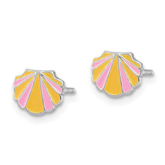 QE16623 Sterling Silver Rhodium-plated Polished Pink and Orange Enameled Shell Children's Post Earrings