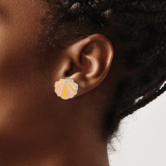 QE16623 Sterling Silver Rhodium-plated Polished Pink and Orange Enameled Shell Children's Post Earrings