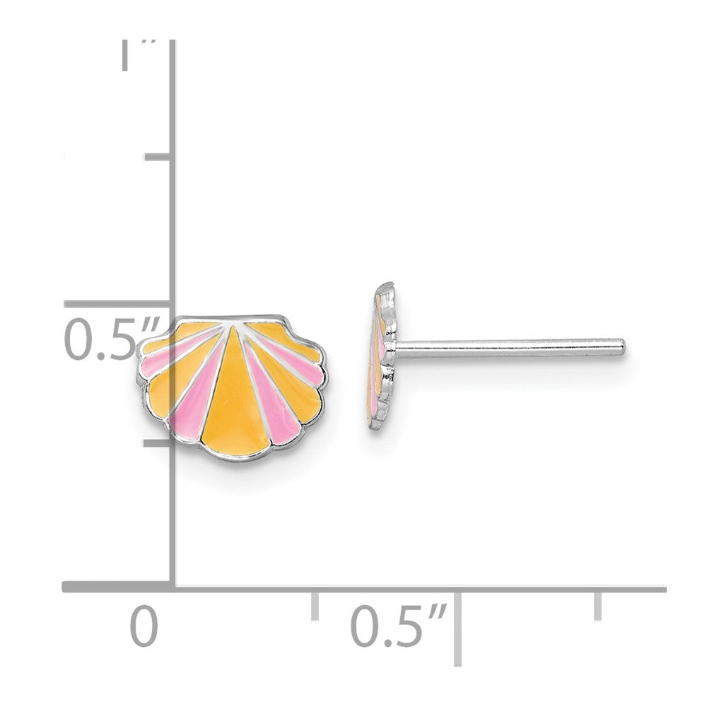 QE16623 Sterling Silver Rhodium-plated Polished Pink and Orange Enameled Shell Children's Post Earrings