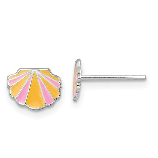 QE16623 Sterling Silver Rhodium-plated Polished Pink and Orange Enameled Shell Children's Post Earrings