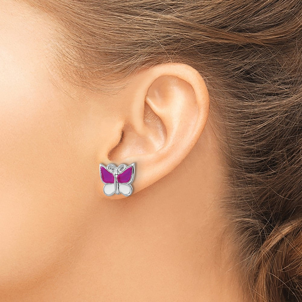 QE16626 Sterling Silver Rhodium-plated Polished Pink & White Enameled Butterfly Children's Post Earrings