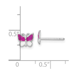 QE16626 Sterling Silver Rhodium-plated Polished Pink & White Enameled Butterfly Children's Post Earrings