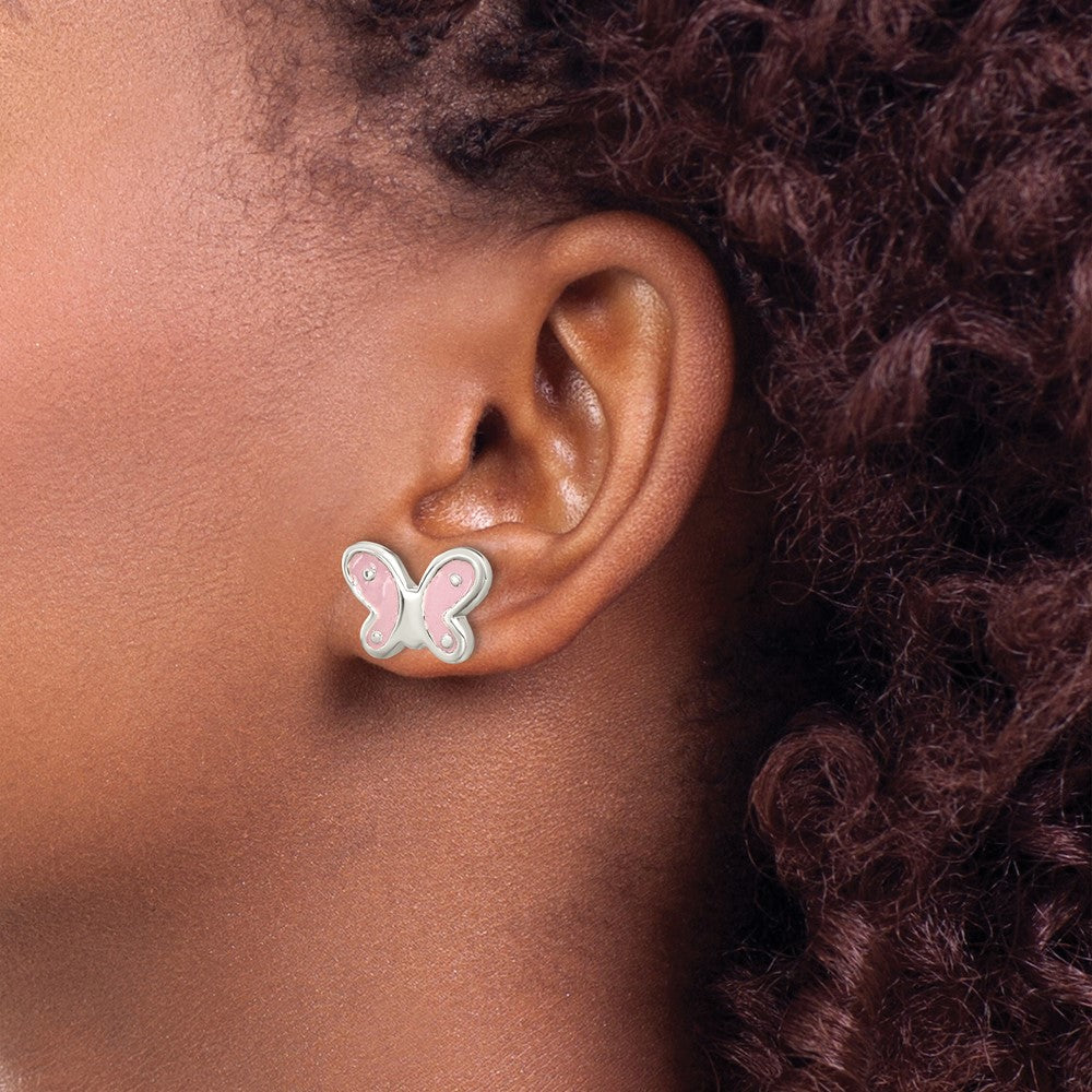 QE16627 Sterling Silver RH-pltd Polish Pink Enamel Butterfly Childs Post Earrings