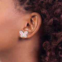 QE16627 Sterling Silver RH-pltd Polish Pink Enamel Butterfly Childs Post Earrings