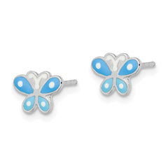 QE16628 Sterling Silver Rhodium-plated Polished Blue Enameled Butterfly Children's Post Earrings