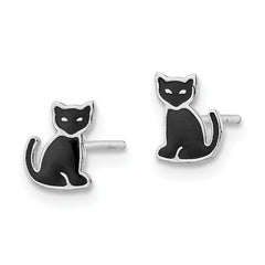 QE16631 Sterling Silver RH-plated Polished Black Enameled Cat Post Earrings