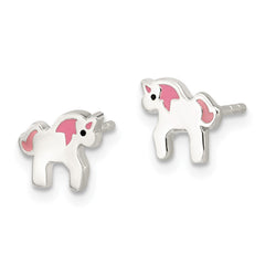 QE16632 Sterling Silver Polished Multi-color Enameled Unicorn Children's Post Earrings