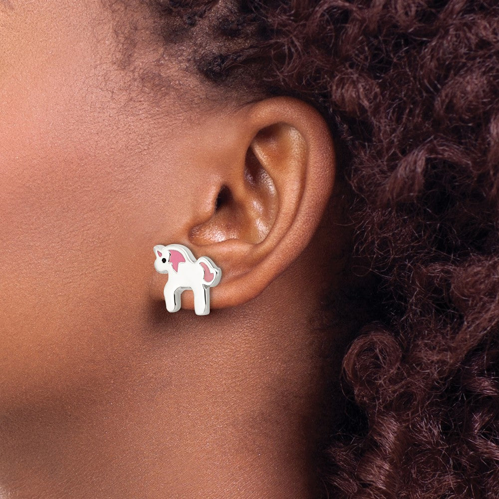QE16632 Sterling Silver Polished Multi-color Enameled Unicorn Children's Post Earrings