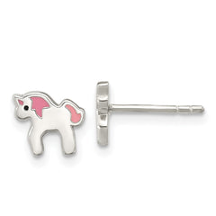 QE16632 Sterling Silver Polished Multi-color Enameled Unicorn Children's Post Earrings