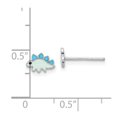 QE16636 Sterling Silver Rhodium-plated Polished & Blue/Black Enameled Dinosaur Children's Post Earrings
