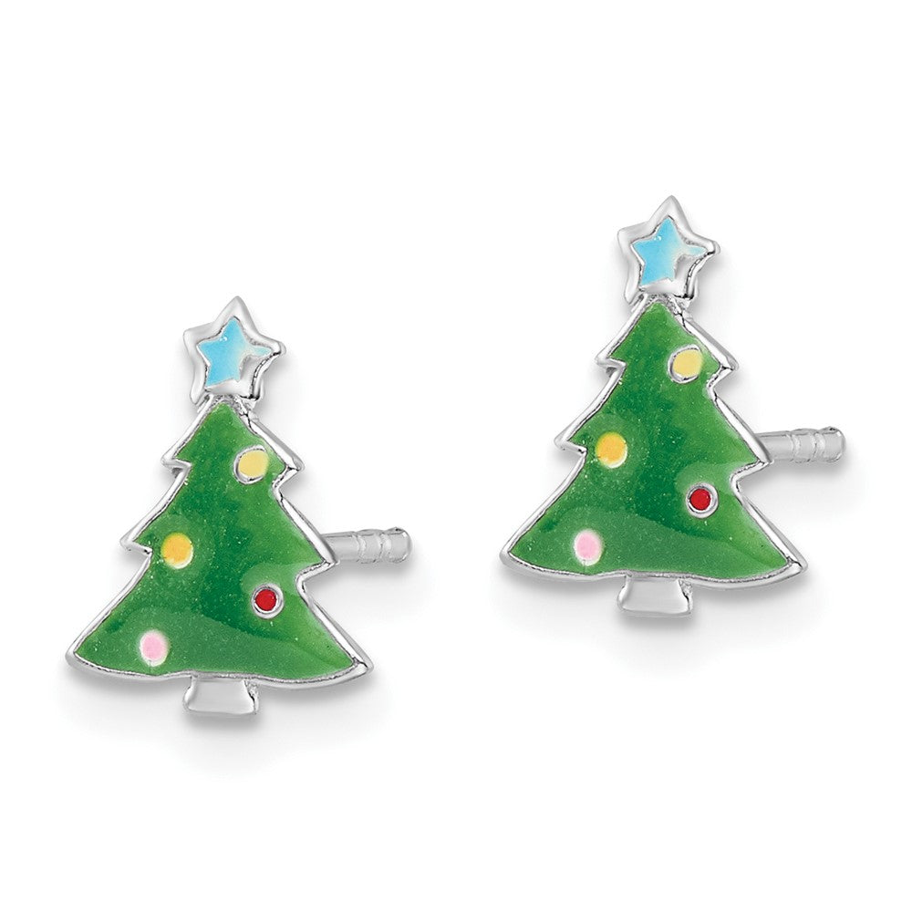 QE16637 Sterling Silver Rhodium-plated Polished Multi-color Enameled Christmas Tree Children's Post Earrings