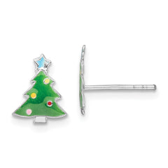 QE16637 Sterling Silver Rhodium-plated Polished Multi-color Enameled Christmas Tree Children's Post Earrings