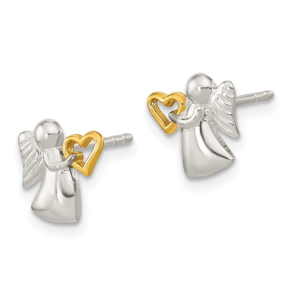 QE16638 Sterling Silver Angel Gold Tone Heart Polished Post Earrings