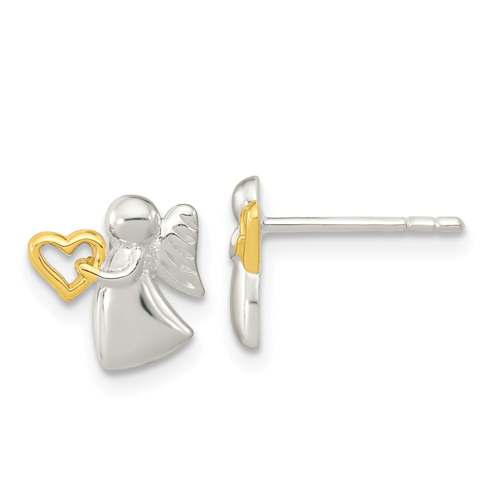 QE16638 Sterling Silver Angel Gold Tone Heart Polished Post Earrings