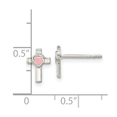 QE16639 Sterling Silver Rhodium-plated Cross Pink Enamel Heart Post Earrings