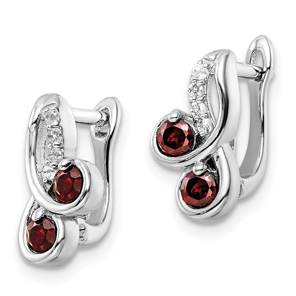 QE16645GA SS Rhod-plate .68t.w. Garnet/White Topaz Swirl Hinged Earring