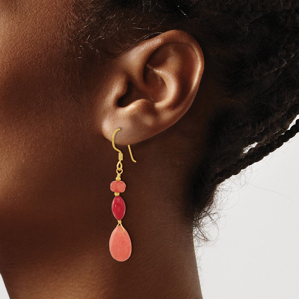 QE16673 Sterling Silver Gold-plated Coral and Jade Dangle Earrings