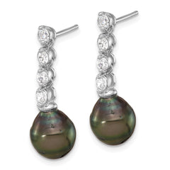 QE16714 Sterling Silver Rhodium-plated 9-10mm Black Teardrop Tahitian Saltwater Cultured Pearl and CZ Post Dangle Earrings