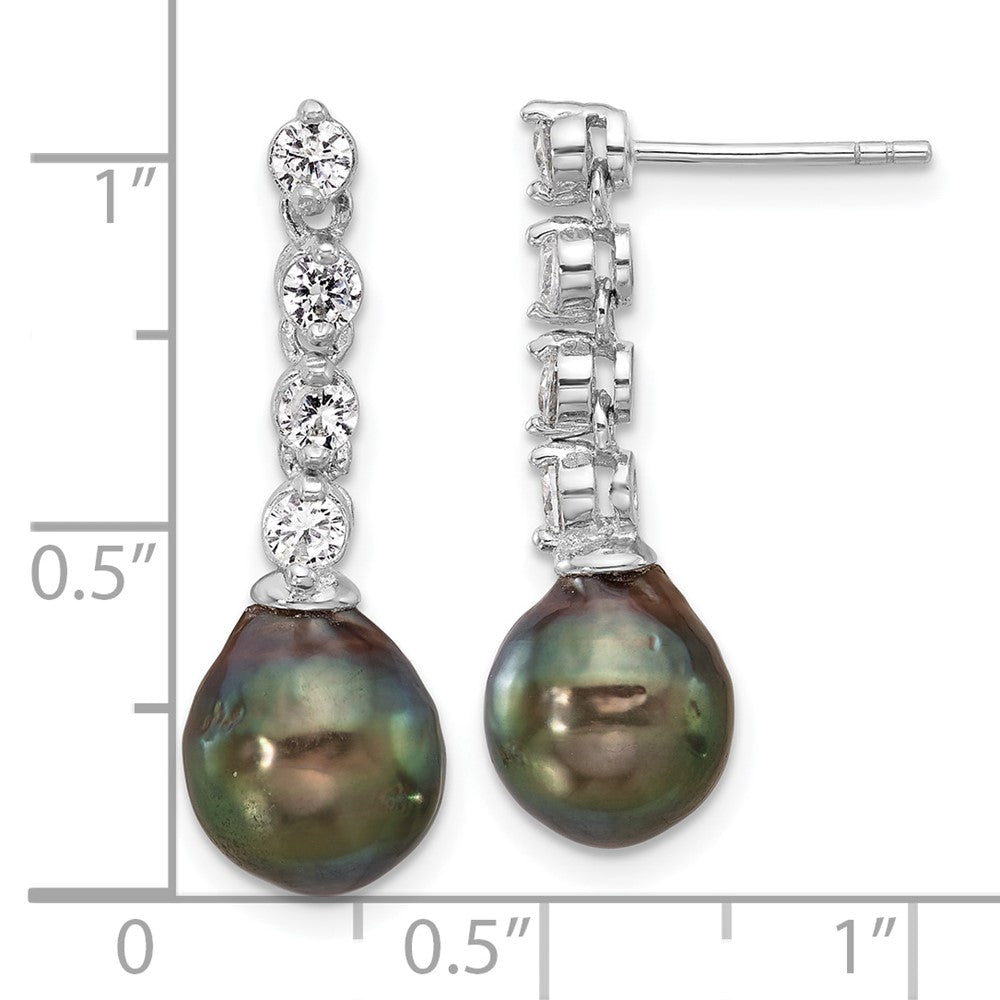 QE16714 Sterling Silver Rhodium-plated 9-10mm Black Teardrop Tahitian Saltwater Cultured Pearl and CZ Post Dangle Earrings
