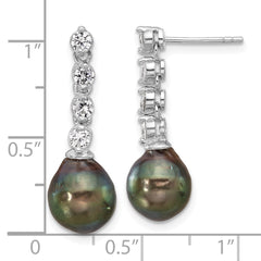 QE16714 Sterling Silver Rhodium-plated 9-10mm Black Teardrop Tahitian Saltwater Cultured Pearl and CZ Post Dangle Earrings