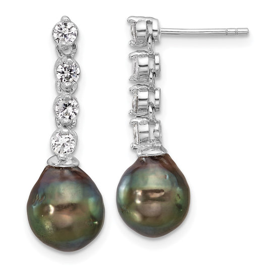 QE16714 Sterling Silver Rhodium-plated 9-10mm Black Teardrop Tahitian Saltwater Cultured Pearl and CZ Post Dangle Earrings