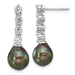 QE16714 Sterling Silver Rhodium-plated 9-10mm Black Teardrop Tahitian Saltwater Cultured Pearl and CZ Post Dangle Earrings