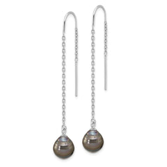 QE16715 Sterling Silver Rhodium-plated 9-10mm Black Teardrop Tahitian Saltwater Cultured Pearl Threader Earrings