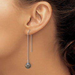 QE16715 Sterling Silver Rhodium-plated 9-10mm Black Teardrop Tahitian Saltwater Cultured Pearl Threader Earrings