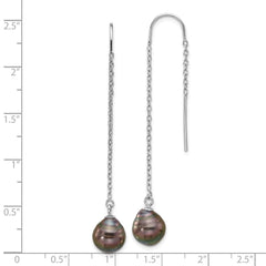 QE16715 Sterling Silver Rhodium-plated 9-10mm Black Teardrop Tahitian Saltwater Cultured Pearl Threader Earrings