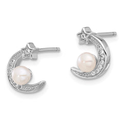 QE16718 Sterling Silver Rhod-plated CZ and FWC Pearl Moon and Star Post Earrings