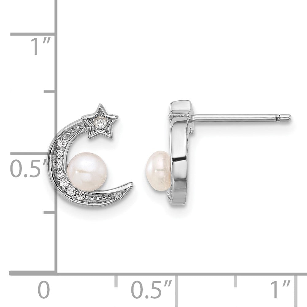QE16718 Sterling Silver Rhod-plated CZ and FWC Pearl Moon and Star Post Earrings