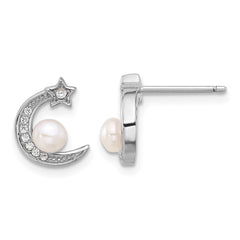 QE16718 Sterling Silver Rhod-plated CZ and FWC Pearl Moon and Star Post Earrings